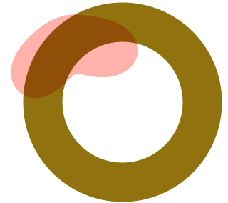 Stylised dark yellow circle motif with a pastel red decoration on its top left.